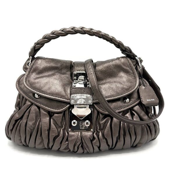Miu Miu Metallic Silver Braided Handle Flap Hobo - Picture 1 of 7